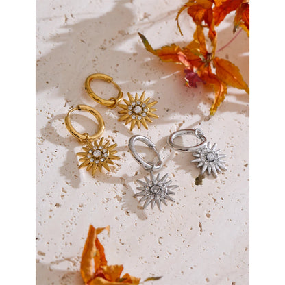 Exquisite Inlaid Zirconia Sun Drop Hoop Earrings for Women Stainless Steel Delicate Daily Jewelry Hypoallergenic