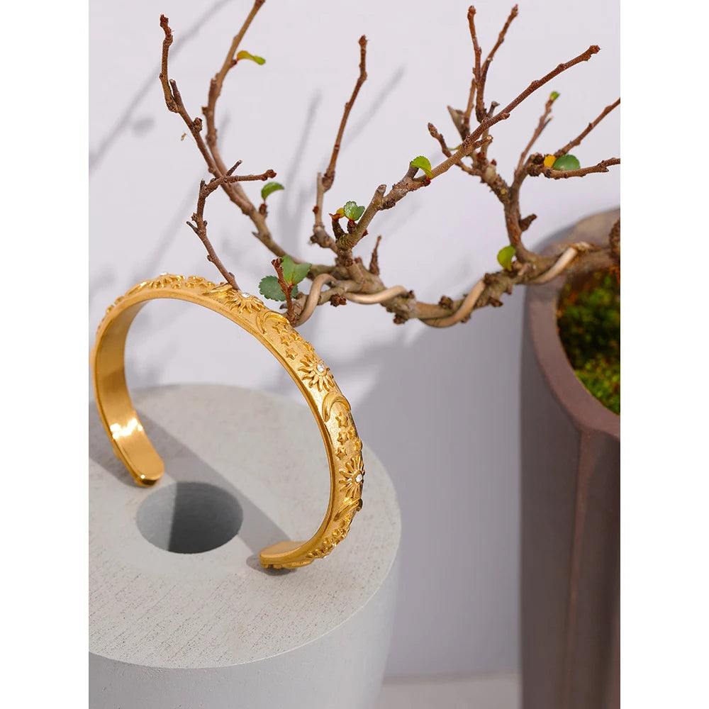 Golden Stainless Steel Moon Star Sun Bangle Bracelet  Stylish Metal Open Wrist браслеты на руку женкие Party Gift