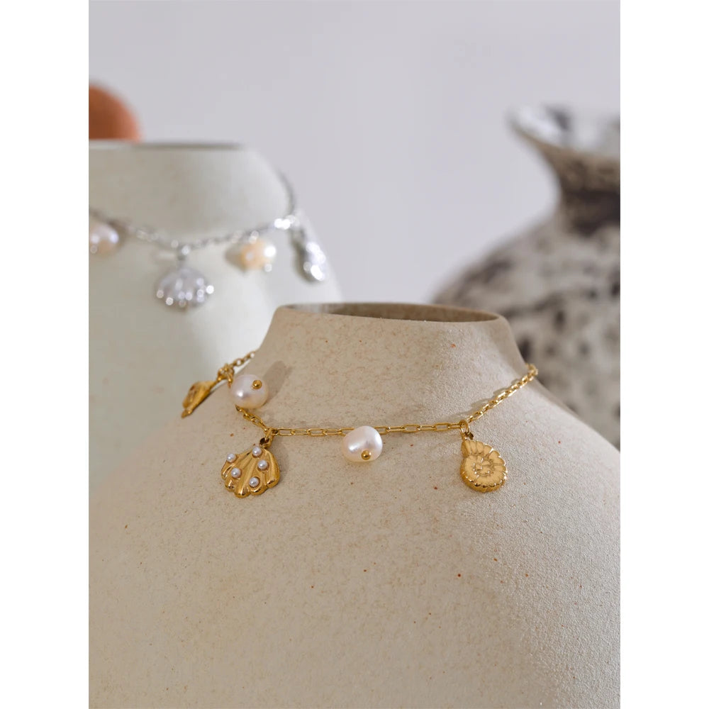 Ocean Style Stainless Steel Shell Conch Dolphin Pearls Drop Charm Anklet Fashion Exquisite Jewelry Bijoux Femme