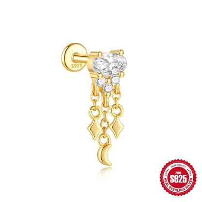 CANNER 1Pc 925 Silver Smooth Stars Moon Stud Earrings For Women 18K Gold Flat Head Threaded Puncture Ear Bone Ins Fine Jewelry