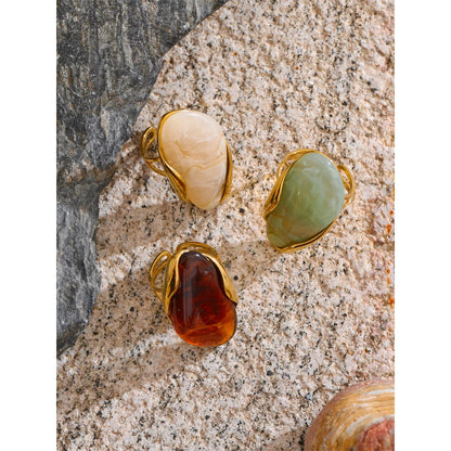 New Design Brown Green Beige Resin Geometric Adjustable Ring Golden PVD Stainless Steel Rust Proof Finger Jewelry Gift