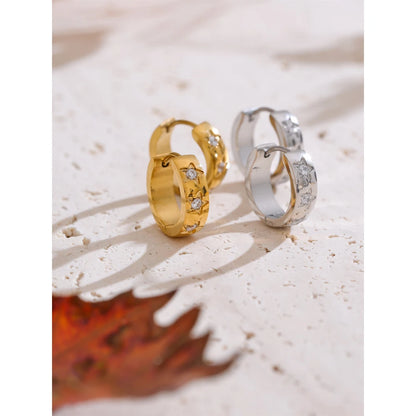 Size:16*16mm Zirconia Star Round Daily Hoop Earrings for Women Prevent Allergy Stainless Steel High Quality Chic Jewelry