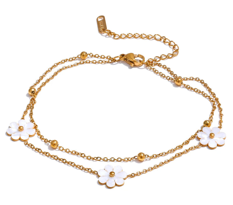 Summer Imitation Shell Flower Double Layer Chain Necklace Anklet for Women Trendy Plant Charm Jewelry Bijoux Gift