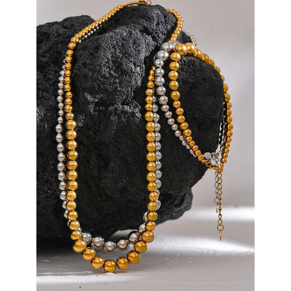 Stainless Steel Beads Handmade Fashion Chain Necklace Bracelet 18K PVD Plated Rust Proof Textured Unisex Jewelry Men Women