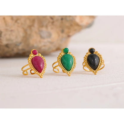 Vintage Natural Stone Artificial Agate Stainless Steel Metal Open Ring 18K Gold Plated Waterproof Fashion Jewelry Women
