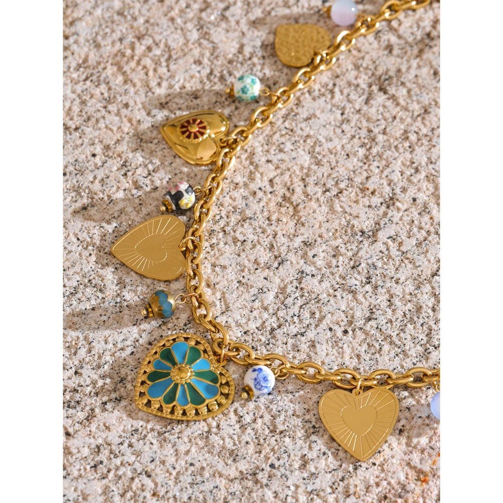 2025 Exquisite Stainless Steel Ceramic Beads Heart Love Drop Necklace High Quality Golden Charm Jewelry Recommend