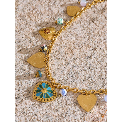 2025 Exquisite Stainless Steel Ceramic Beads Heart Love Drop Necklace High Quality Golden Charm Jewelry Recommend