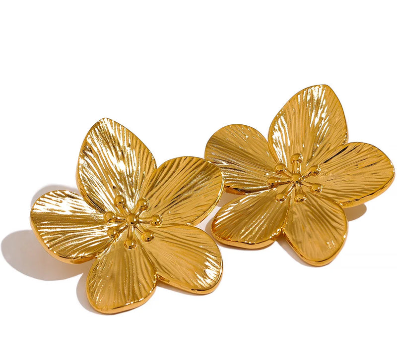 Tarnish Free Vintage Gold Color Stainless Steel Flower Metal Stud Earrings for Women Individual Stylish Trendy Jewelry