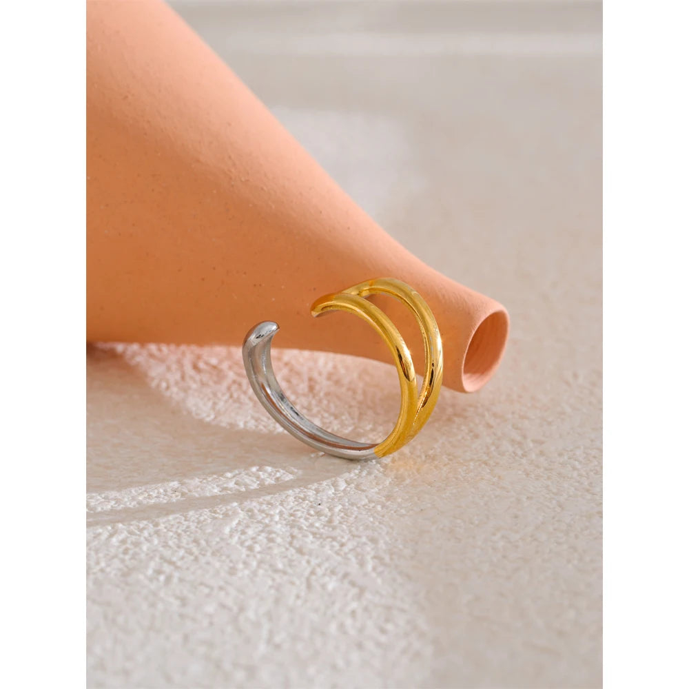 Stainless Steel Geometric Hollow Adjustable Double Color Ring Waterproof Finger Jewelry Wholesale Gift