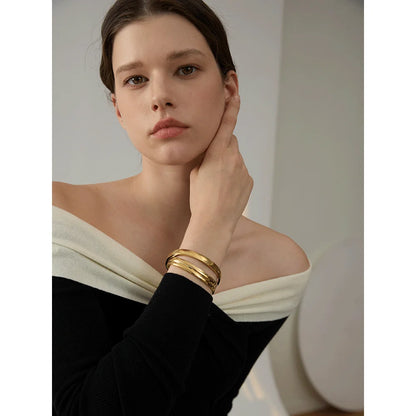 60mm Waterproof 316L Stainless Steel Round Smooth Bracelet Bangle Women Minimalist 18k Gold Color Texture Charm Jewelry