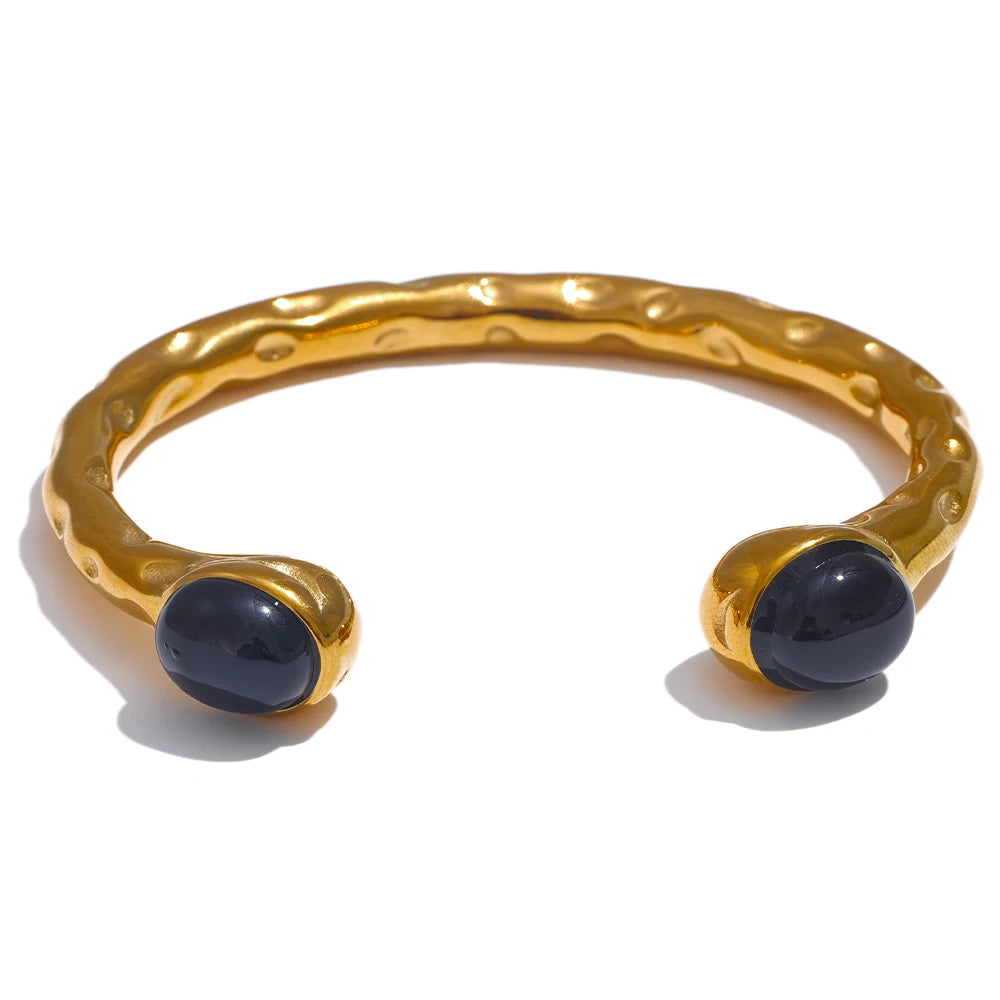 62mm High Quality Stainless Steel Multicolored Natural Stone Golden Cuff Open Bracelet Bangle Water Resistant Jewelry
