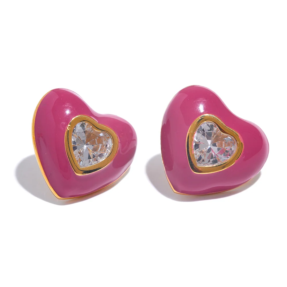 6Color Enamel Shiny Cubic Zirconia Stainless Steel Heart Colorful Stud Earrings Exquisite High Quality Y2K Fashion Jewelry