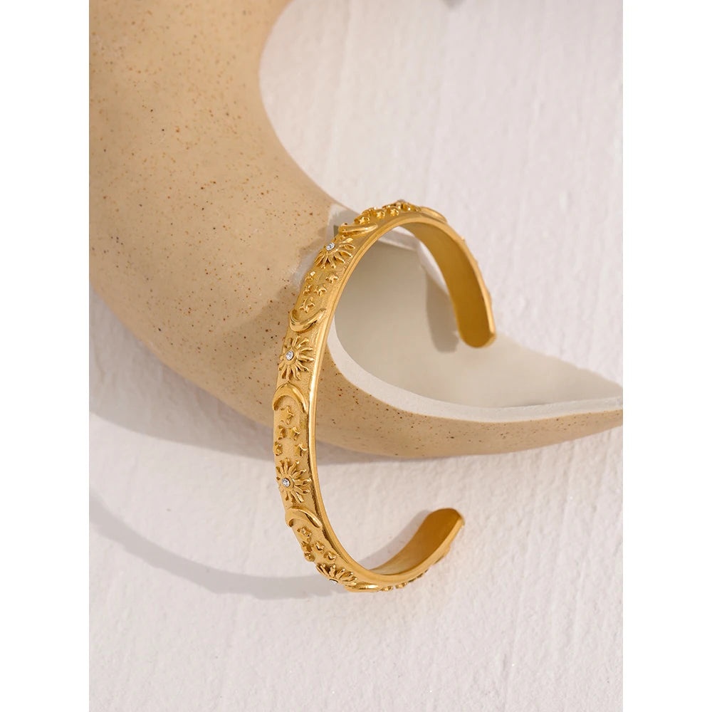 Golden Stainless Steel Moon Star Sun Bangle Bracelet  Stylish Metal Open Wrist браслеты на руку женкие Party Gift
