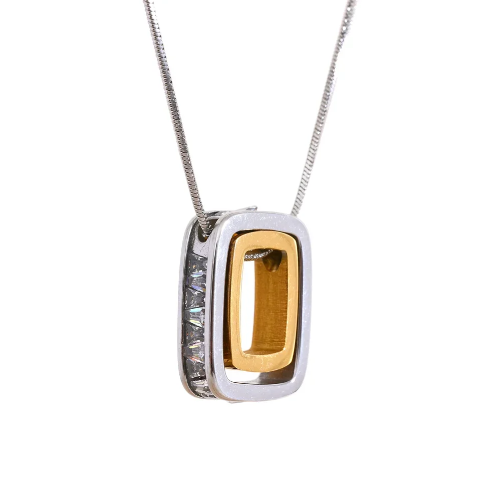 316l Stainless Steel Square Hollow Double Layered Overlay Pendant Necklace Cubic Zirconia Unisex lovers Jewelry Men Women