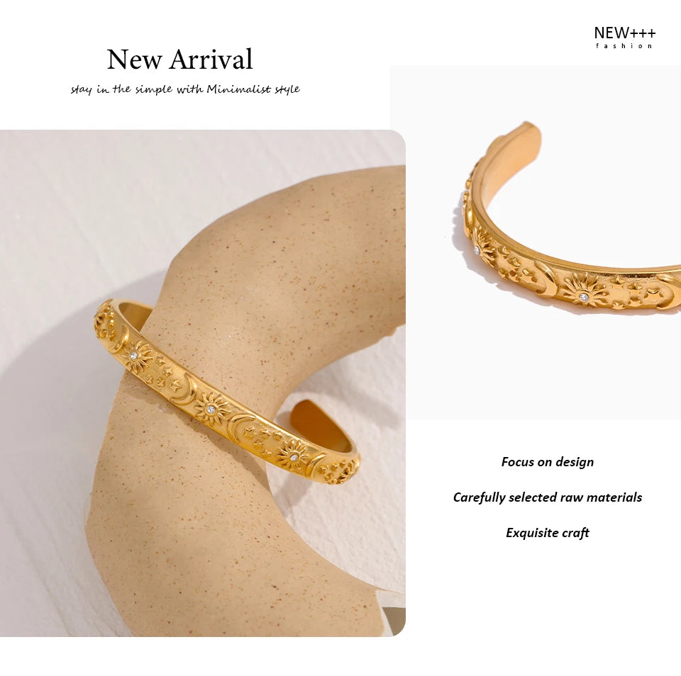 Golden Stainless Steel Moon Star Sun Bangle Bracelet  Stylish Metal Open Wrist браслеты на руку женкие Party Gift