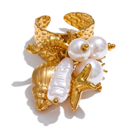 Exclusive Design Strawberry Cherry Chilli Shell Resin Drop Open Adjustable Ring 18K Golden Stainless Steel Charm Jewelry