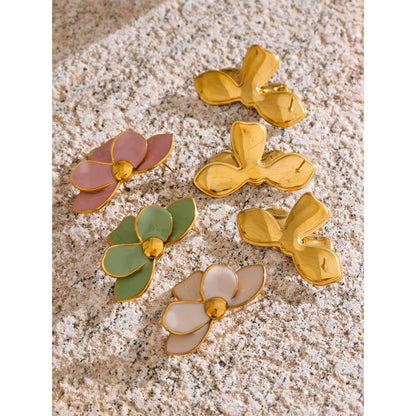 Green Pink Enamel Petal Flower Stud Earrings for Women Stainless Steel Exquisite Spring Summer Daily Trending Jewelry