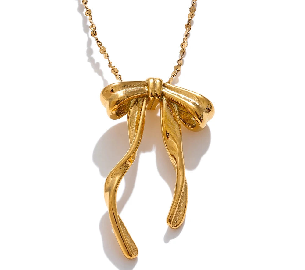 316L Stainless Steel Bow Knot Necklace Pendant 18K Gold & Platinum PVD Plated Metal Charm Fashion Trendy Jewelry