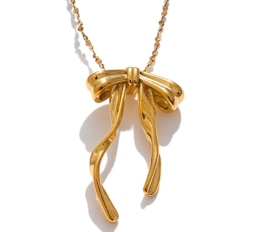316L Stainless Steel Bow Knot Necklace Pendant 18K Gold & Platinum PVD Plated Metal Charm Fashion Trendy Jewelry