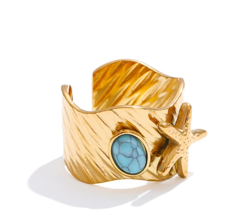 Ocean Style Blue Turquoise Starfish Open Ring 18K Golden PVD Plated Stainless Steel Summer Trending Jewelry Vintage