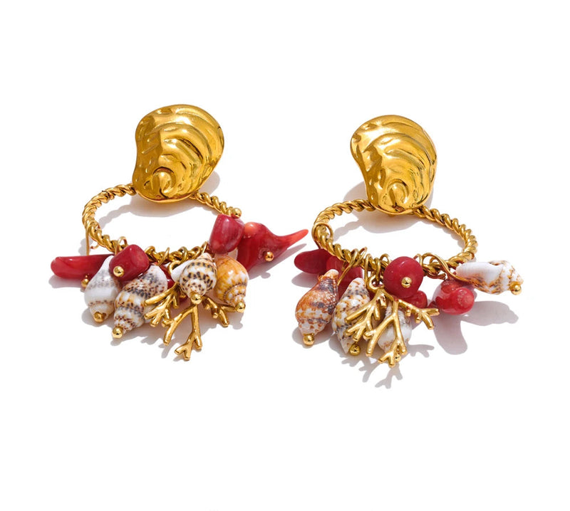 Ocean Holiday Red Stone Shell Conch Drop Dangle Earrings 316L Stainless Steel Summer Beach Golden Jewellery