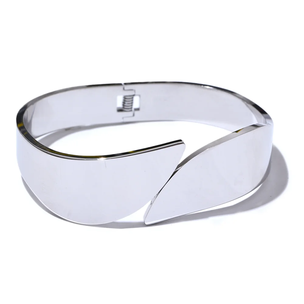 New Glossy Smooth Stainless Steel Wide Geometric Bracelet Bangle Metal Texture 18K Gold PVD Plated Waterproof Jewelry