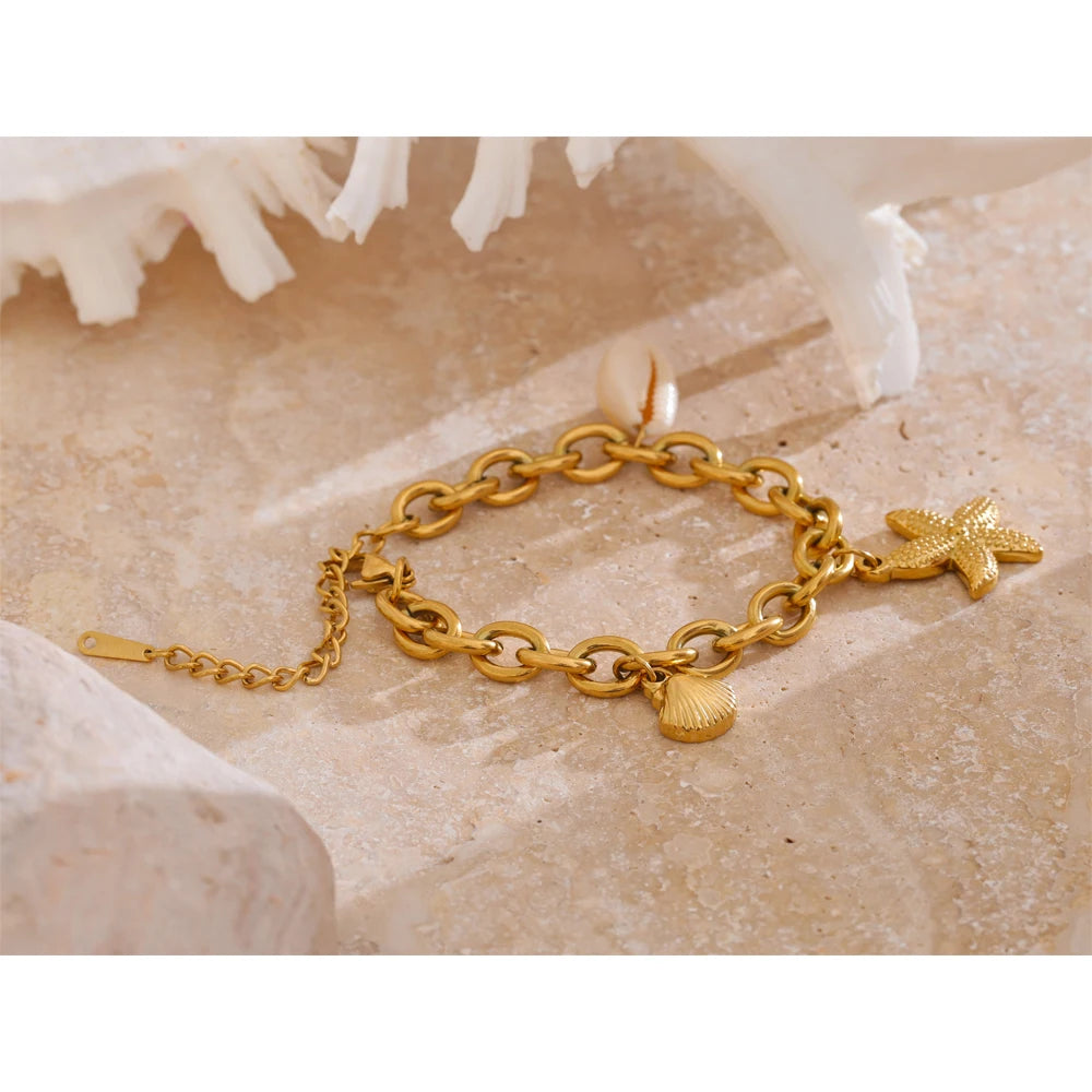 Stainless Steel 18K Gold PVD Plated Metal Chain Waterproof Ocean Pendant Charm Starfish Shell Accessories Holiday Jewelry