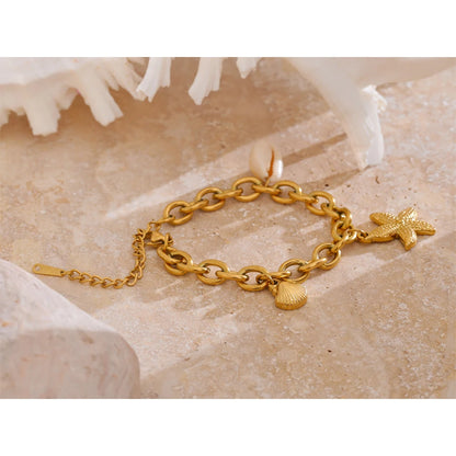 Stainless Steel 18K Gold PVD Plated Metal Chain Waterproof Ocean Pendant Charm Starfish Shell Accessories Holiday Jewelry
