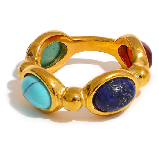 Stainless Steel Colorful Natural Stone Agate Cast Vintage Charm Ring Fashion 316l Jewelry for Women Textured Gift