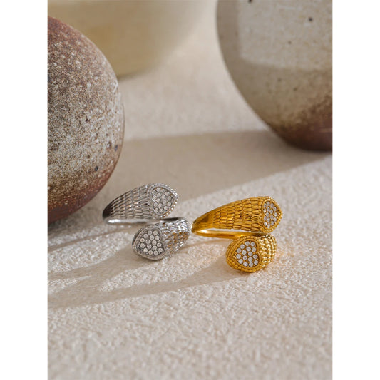 Stylish Adjustable Stainless Steel Zirconia Heart Snake Ring for Women 18K PVD Plated Jewelry New