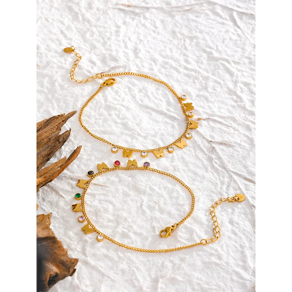 Exquisite Colorful Cubic Zirconia Butterfly Drop Chain Stainless Steel 18K Gold Color Anklet Bracelet Trendy Jewelry