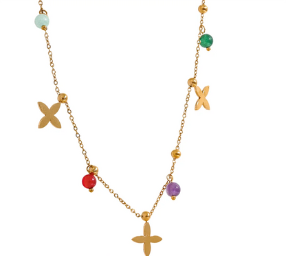 Colorful Waterproof Natural Stone Flower Drop Stainless Steel Chain Aesthetic Necklace Fashion Collar Jewelry for Women