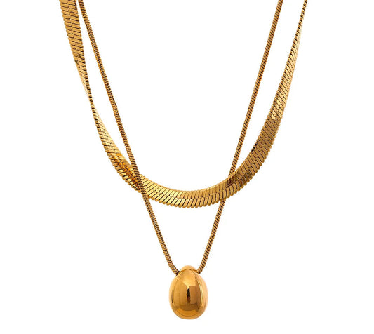 Snake Chain Double Layer Stainless Steel Water Drop Pendant Necklace for Women Statement 18k Gold Color Jewelry Waterproof