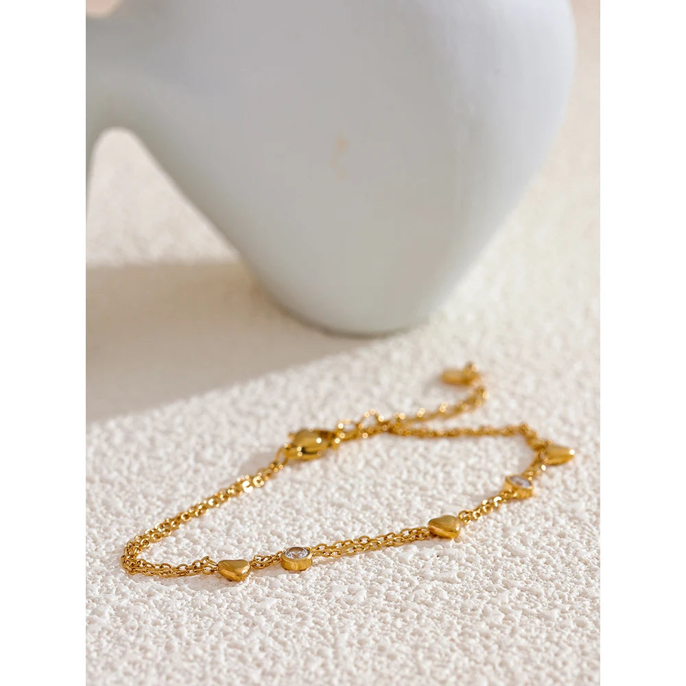Delicate Chain Heart Zircon Double Layer Stacking Bracelet Bangle Chic Summer Stainless Steel Waterproof Jewelry Gift