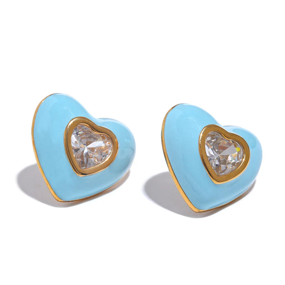 6Color Enamel Shiny Cubic Zirconia Stainless Steel Heart Colorful Stud Earrings Exquisite High Quality Y2K Fashion Jewelry