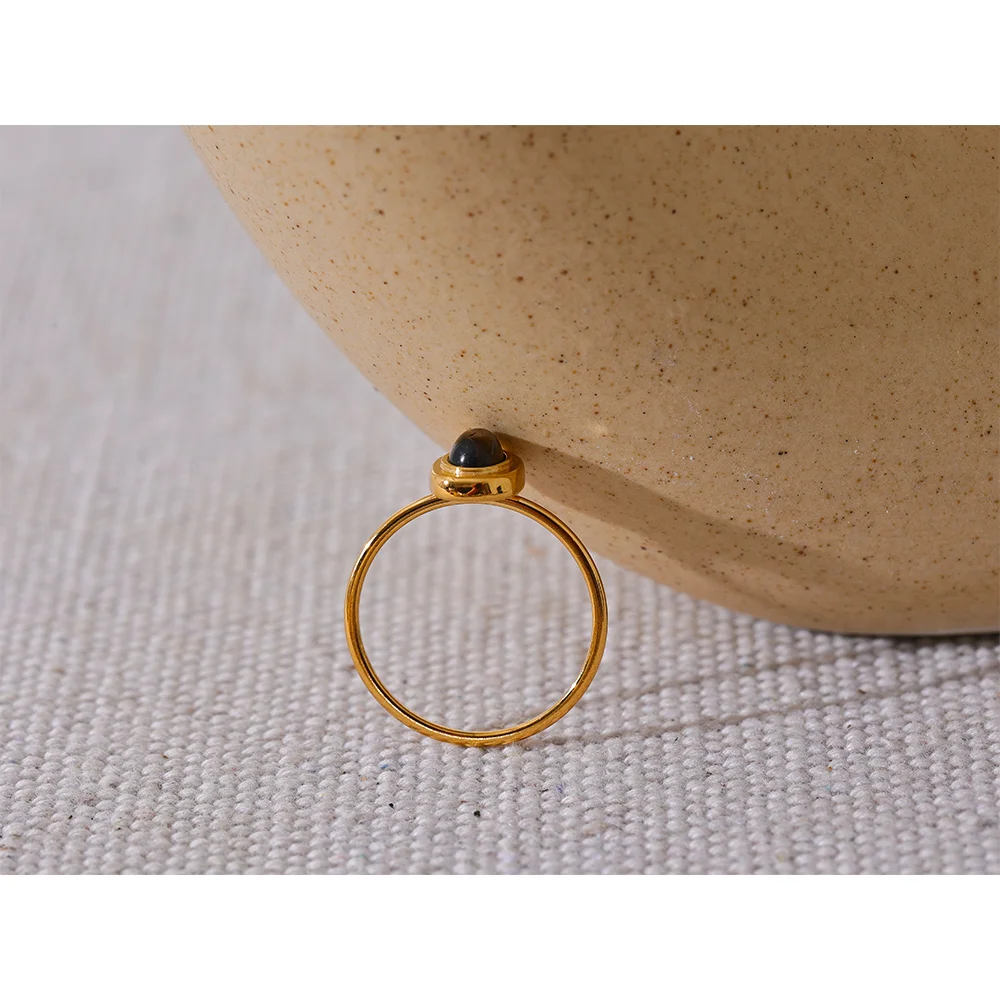 Fashion Natural Stone Stainless Steel Oval Thin Chic Ring Women 18K PVD Plated Waterproof Jewelry Accessories Gift
