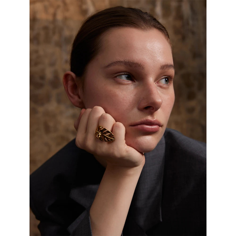 Stylish Design Stainless Steel Metal Leaf Leaves Open Ring Rust Proof Individualistic Fashion Jewelry Water Resistant Gift