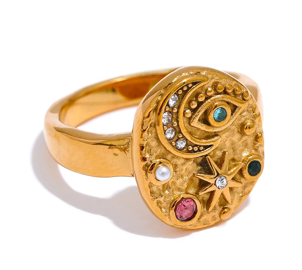Stainless Steel Star Moon Eye Charms Ring Colorful CZ Zirconia 18K Gold Color High Quality Celestial Jewelry Women Gala
