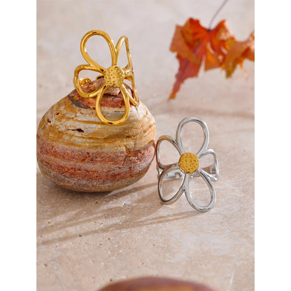 Trendy Stainless Steel Metal Flower Adjustable Fashion Finger Ring Rust Proof Attractive Daily Jewelry Accessories Gift