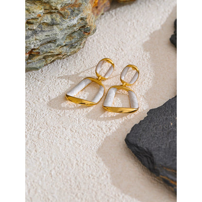 Trendy Stainless Steel White Enamel Rectangle Hollow Drop Earrings 18K Gold Color Plated Versatile Daily Jewelry Gift