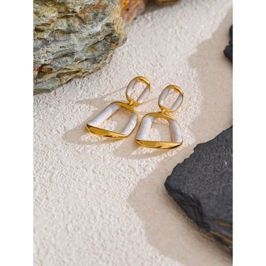 Trendy Stainless Steel White Enamel Rectangle Hollow Drop Earrings 18K Gold Color Plated Versatile Daily Jewelry Gift