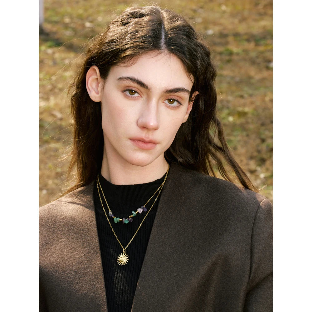 2025 Natural Stone Double-Layer Chain Sun Pendant Necklace for Women 316L Stainless Steel Handmade Jewelry Gift