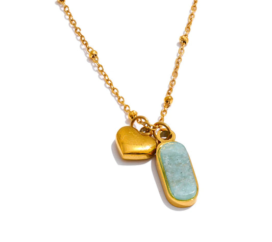Popular Natural Amazonite Stone Heart Oval Drop Necklace Women Stainless Steel Polished Waterproof Fashion Jewelry Gift