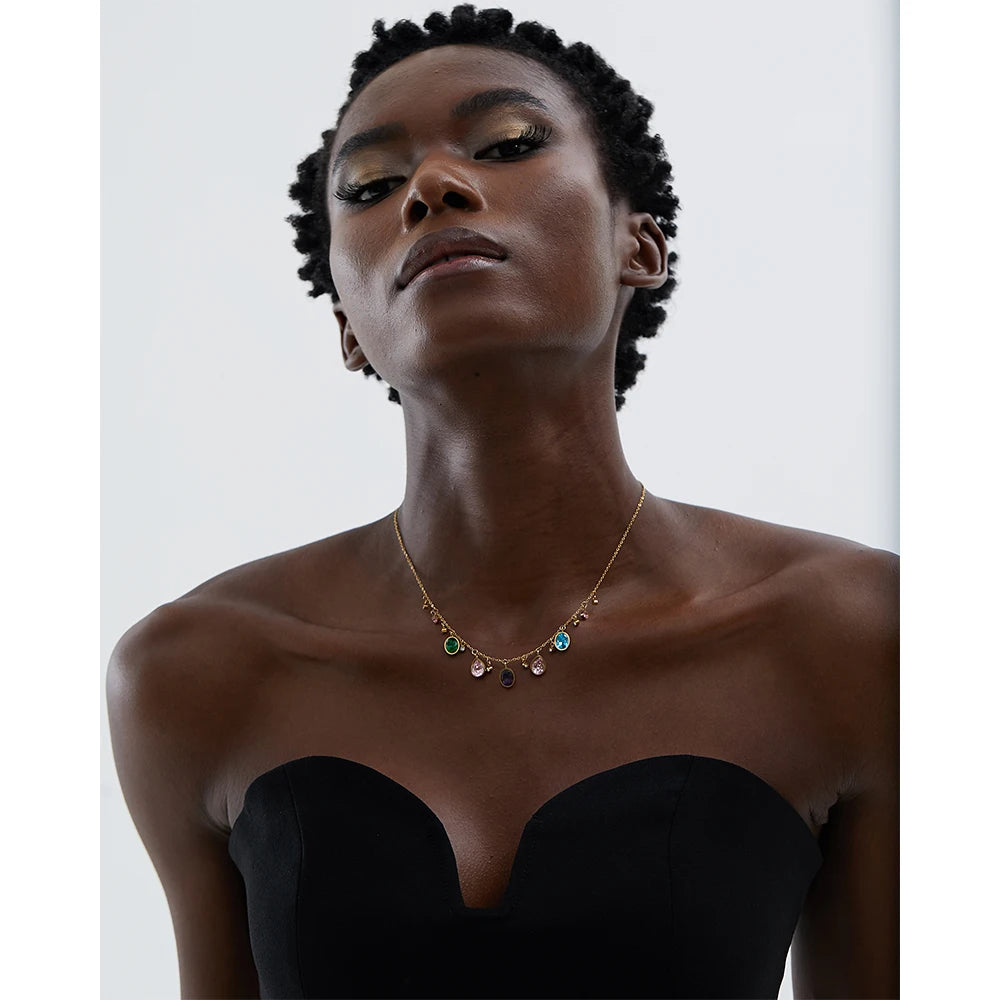 Delicate Elegant Colorful Cubic Zirconia Stainless Steel Luxury Necklace Bling 18k Gold Plated Waterproof Jewelry Party