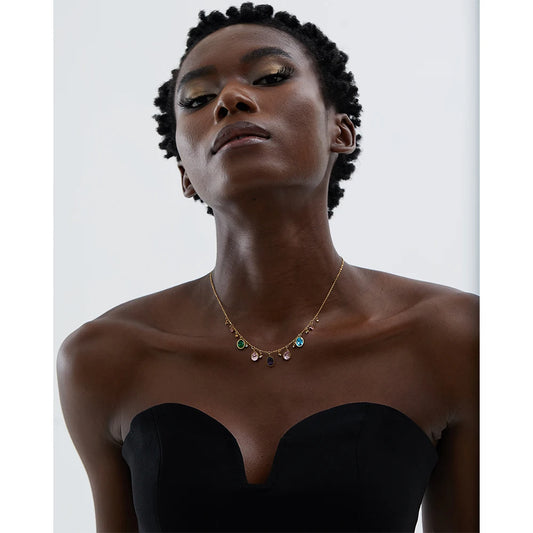 Delicate Elegant Colorful Cubic Zirconia Stainless Steel Luxury Necklace Bling 18k Gold Plated Waterproof Jewelry Party