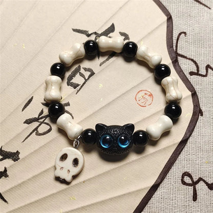 Cute Cartoon Big Eye Cat Bracelets for Women Men Ceramic White Head Skeleton Tassel Beaded Bracelet Halloween Party Jewelry Gift