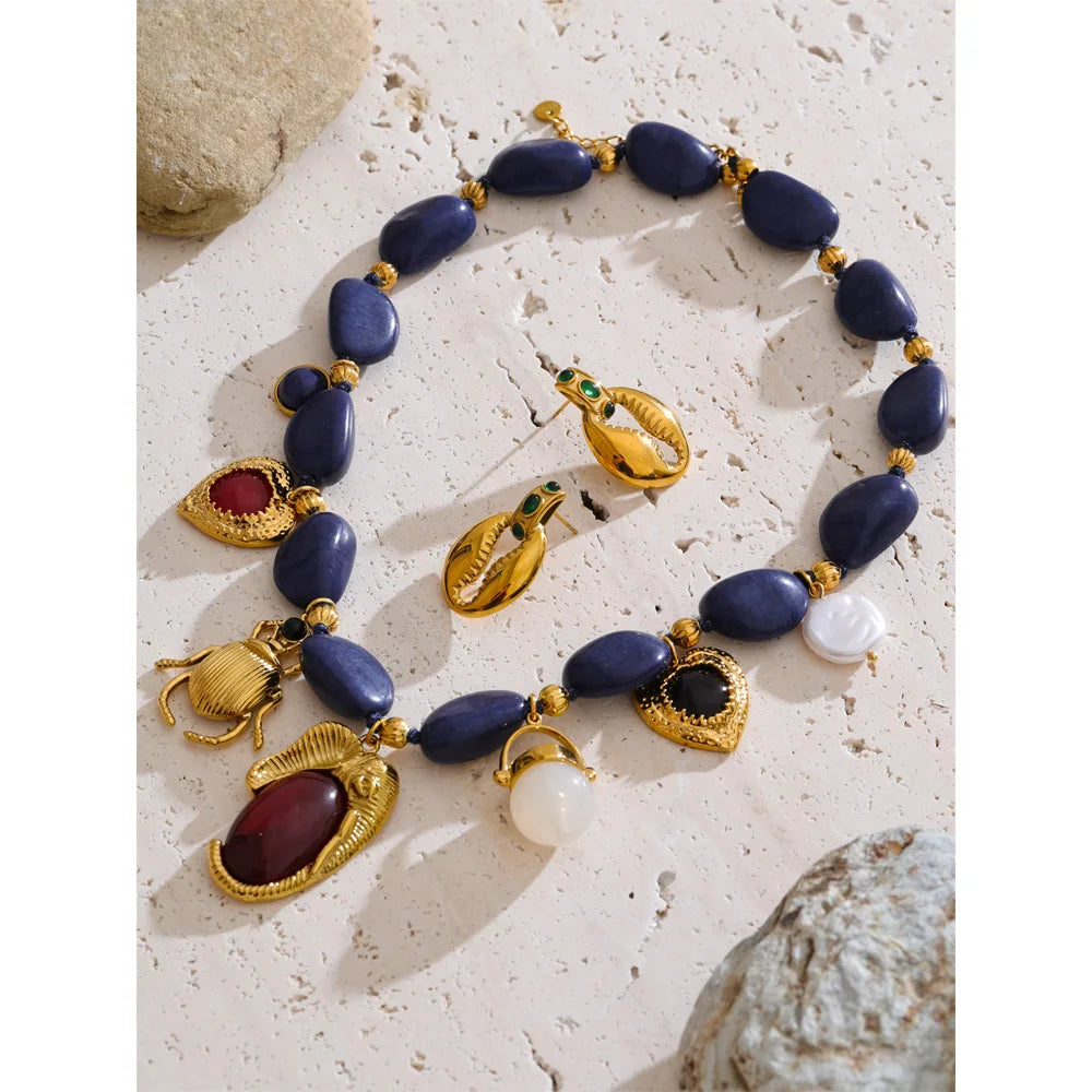 Stylish Unique Blue Acrylic Chain Pearl Heart Insect Drop Necklace Earrings Stainless Steel Charm Handmade Jewelry Gift