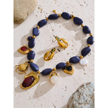 Stylish Unique Blue Acrylic Chain Pearl Heart Insect Drop Necklace Earrings Stainless Steel Charm Handmade Jewelry Gift