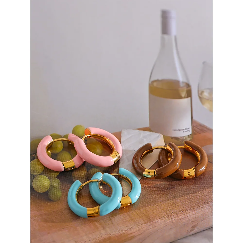 20mm Candy Color Blue Pink Brown Enamel Stainless Steel Hollow Hoop Earrings Golden Simple Trendy Y2K Sweet Jewelry Gift
