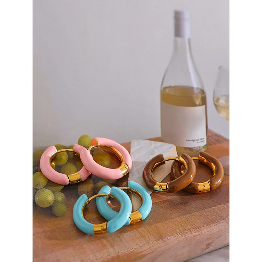 20mm Candy Color Blue Pink Brown Enamel Stainless Steel Hollow Hoop Earrings Golden Simple Trendy Y2K Sweet Jewelry Gift